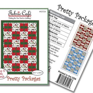 May include: A quilt pattern titled "Pretty Packages" with a finished size of 42.5" x 60.5". The quilt design features red and green blocks with a Christmas theme. The pattern includes a materials list and is printed in the USA.