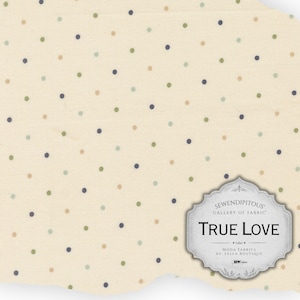 May include: A cream-colored fabric featuring a repeating pattern of small, evenly spaced polka dots in shades of navy blue, sage green, and tan. A decorative label in the bottom right corner reads SEWENDIPITOUS GALLERY OF FABRIC TRUE LOVE.
