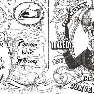 May include: Black and white illustration of a skeleton in a suit holding a sign that says "TRAGEDY". The illustration is surrounded by ornate flourishes and the text "ORATORY, EL" and "TABLEAU AND CONVERSAT".