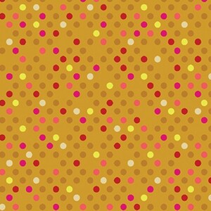 May include: A seamless pattern with a repeating design of small circles in various colors, including yellow, red, pink, and white, on a brown background.