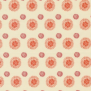 May include: A seamless pattern featuring a repeating design of orange stylized flowers with red centers on a cream background.