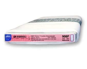 May include: A roll of white Pellon 906F fusible sheerweight fabric. The label indicates it is 100% polyester and 30 yards in length. The label is pink and blue with black text. The fabric is used for apparel basics.