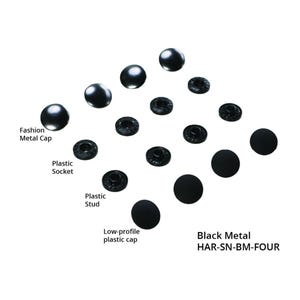 May include: An assortment of black metal snap fasteners, including fashion metal caps, plastic sockets, plastic studs, and low-profile plastic caps. The image includes the text "Black Metal HAR-SN-BM-FOUR".