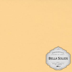 May include: A solid light yellow fabric swatch with a smooth, woven texture. In the bottom right corner, a decorative white label features the text SEWENDIPITOUS GALLERY OF FABRIC, BELLA SOLIDS, and MODA FABRICS BY: MODA.
