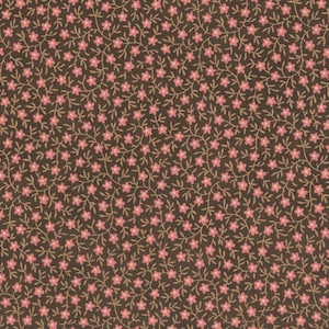 May include: Brown fabric with a repeating pattern of small pink flowers and tan vines. The floral design covers the entire surface, creating a dense, textured appearance. This fabric is suitable for various sewing and crafting projects.