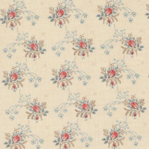 May include: Cream-colored fabric with a repeating floral pattern. The design features clusters of red roses with blue-green leaves and stems, along with small blue floral accents. The overall aesthetic is vintage and delicate.