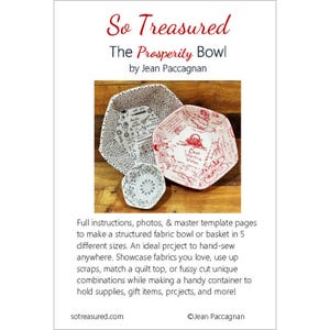 May include: A product image featuring three fabric bowls of varying sizes. The bowls are white with decorative patterns in black and red. The text "So Treasured" and "The Prosperity Bowl" are displayed at the top.