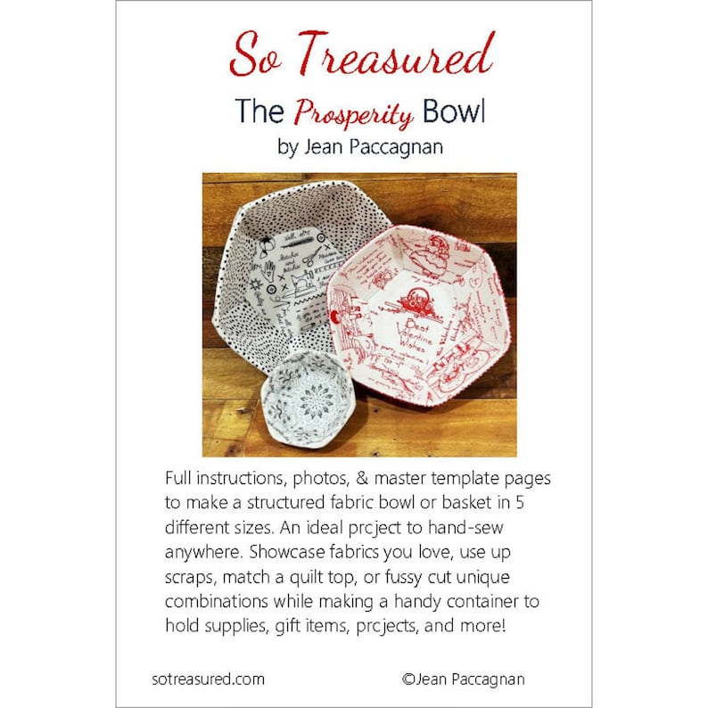 May include: A product image featuring three fabric bowls of varying sizes. The bowls are white with decorative patterns in black and red. The text "So Treasured" and "The Prosperity Bowl" are displayed at the top.