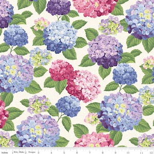 May include: A fabric pattern featuring a repeating floral design of hydrangea blooms in shades of pink, purple, and blue, with green leaves, set against a cream background. The pattern is measured in inches.