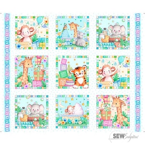 May include: A baby-themed fabric panel featuring nine square illustrations of adorable animals, including monkeys, giraffes, and elephants. Each square has a light blue background with a border of numbers and letters. The illustrations include the word "BABY".