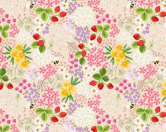 Teddy Bears Picnic - Strawberry Bee Floral on Cream A795.1
