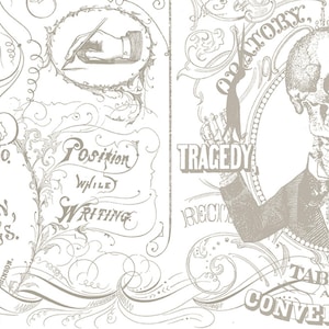 May include: A black and white illustration of a skeleton holding a sign that says "TRAGEDY". The skeleton is wearing a suit and bow tie. The illustration is surrounded by ornate flourishes and the text "ORATORY, EL" and "TABLEAUS AND CONVERSAT".