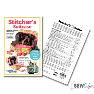 May include: A colorful sewing machine travel bag and pattern titled "Stitcher's Suitcase." The bag is designed to fit a Singer 221/222 Featherweight or other small sewing machines. The pattern includes a video tutorial.