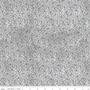 May include: A white fabric with a repeating pattern of small gray flowers and leaves.