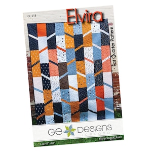 May include: Quilt pattern titled "Elvira" by GE Designs Iceland. The pattern features a geometric design with orange, blue, and white fabric. The quilt is 63 inches by 84 inches. The pattern is for a fat quarter quilt.