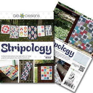 May include: Two brochures for "Stripology" by GE Designs, featuring colorful quilt patterns. The main brochure displays various quilt designs, while the other showcases a finished quilt. The text includes "Six favorite strip patterns" and "3 sizes for each pattern."