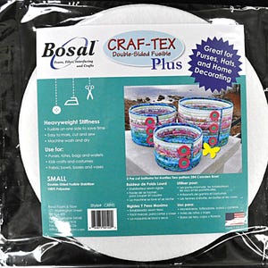 May include: Bosal Craf-Tex Double-Sided Fusible Plus stabilizer for purses, hats, and home decorating. The package includes a white, round stabilizer, with text and images of finished projects. It is heavyweight and machine washable.
