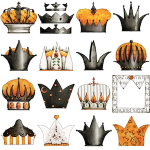 May include: A collection of 14 illustrated crowns in various styles and colors. The crowns are a mix of black, white, orange, and gold with intricate details. Some crowns have stars, others have floral patterns, and some have a crescent moon.