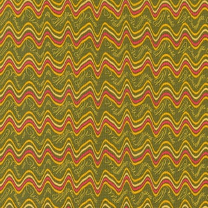 May include: A repeating pattern of wavy lines in yellow, pink, and white on a green background. The words "Waves", "Mall", "Takes", "Cabs", and "Wes" are written in a cursive font throughout the pattern.