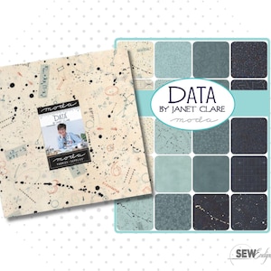 May include: A Moda fabric charm pack titled Data by Janet Clare, featuring a stack of square fabric swatches in shades of cream, light blue, and dark navy. The patterns include mathematical symbols, numbers, and geometric lines on cotton fabric.