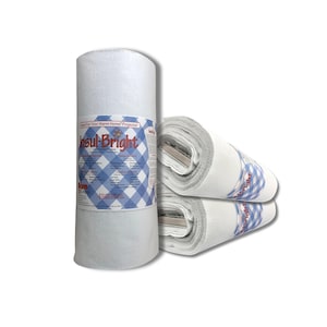 May include: A roll of white Insul-Bright insulated lining fabric featuring a blue and white gingham patterned label. The label includes the text Insul-Bright and lists various project applications. Two additional rolls of the same white fabric are visible.