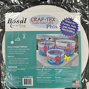 May include: A package of Bosal Craf-Tex Double-Sided Fusible Plus stabilizer. The package features a white circular shape and a teal and white label with text and images of fabric bowls. The stabilizer is for purses, hats, and home decorating.