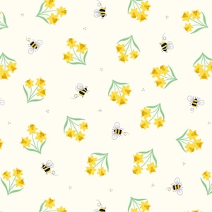 May include: A seamless pattern featuring yellow daffodils and bees on a white background. The pattern is perfect for spring-themed crafts and projects.