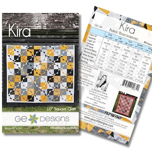 May include: A quilt pattern titled "Kira" with a geometric design in black, gray, and yellow. The pattern is displayed on a 10" square quilt. The fabric requirements are listed on the back of the pattern.