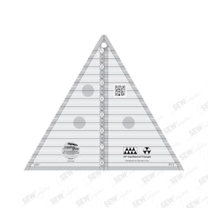 May include: A clear, triangular quilting ruler with a grid pattern and measurements. The ruler has a hole at the top for hanging and includes the text "60° Equilateral Triangle" and "creative grids".