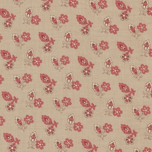 May include: Beige fabric with a repeating pattern of red and white floral and leaf motifs. The design features stylized flowers and leaves in a symmetrical arrangement, creating a vintage or cottagecore aesthetic.