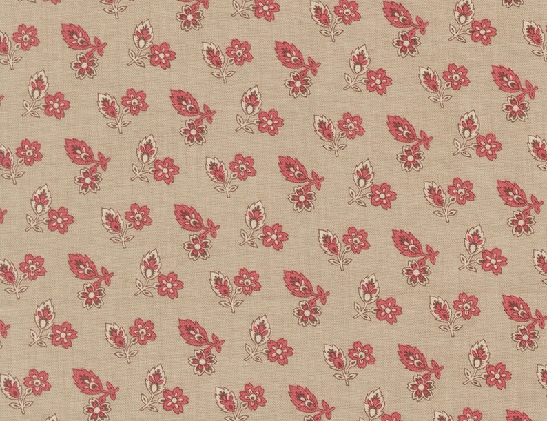 May include: Beige fabric with a repeating pattern of red and white floral and leaf motifs. The design features stylized flowers and leaves in a symmetrical arrangement, creating a vintage or cottagecore aesthetic.