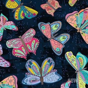 May include: A repeating pattern of colorful butterflies on a dark blue background. Each butterfly features intricate designs with various colors, including pink, yellow, blue, and green. Some butterflies have words like "STEADY" and "PATIENCE" on their wings.