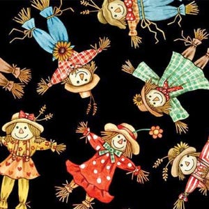 May include: A black fabric featuring a repeating pattern of scarecrows wearing straw hats and colorful clothing, including red polka dot dresses, green plaid shirts, and yellow floral outfits, with straw accents at the hands and feet.