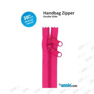 May include: A bright pink handbag zipper with a double slide, measuring 30 inches. The zipper is labeled "ZIP30-250 Lipstick" and is designed for handbags. The image is set against a white background.