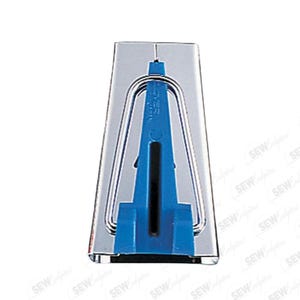 May include: A silver-colored bias tape maker with a blue guide and a metal frame. The tool is designed to fold fabric strips into bias tape for sewing projects. The tool is designed to fold fabric strips into bias tape for sewing projects.