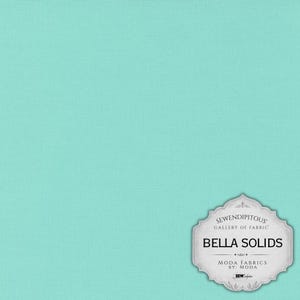 May include: A solid light turquoise cotton fabric with a visible woven texture. In the bottom right corner, a decorative label features the text: SEWENDIPITOUS GALLERY OF FABRIC BELLA SOLIDS MODA FABRICS BY: MODA with a small SEW logo at the base.