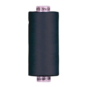 May include: A spool of dark navy blue thread. The spool has a cylindrical shape with a pink label at the top and bottom. The text on the label reads "erFil Efina Col" and "an Cotton 60".