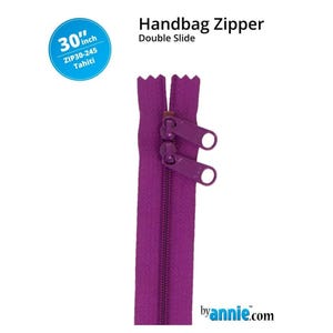 May include: A 30-inch handbag zipper in a vibrant purple color. The zipper features a double slide design and is labeled "ZIP30-245 Tahiti". The image also includes the text "Handbag Zipper Double Slide" and the website byannie.com.