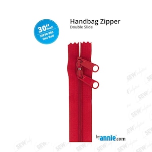 May include: A 30-inch (76 cm) hot red handbag zipper with a double slide. The zipper is labeled ZIP30-265 and is designed for handbags. The image also includes the text "byannie.com".