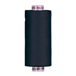 May include: A spool of dark navy blue thread. The thread is tightly wound around a cylindrical core. The top and bottom of the spool are light pink with the text "erFil Efina Col" and "an Cotton 60".