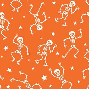 May include: Orange fabric with a repeating pattern of white skeletons in various poses and white stars. The skeletons are dancing and have detailed rib cages and skulls. This design is suitable for Halloween-themed projects.