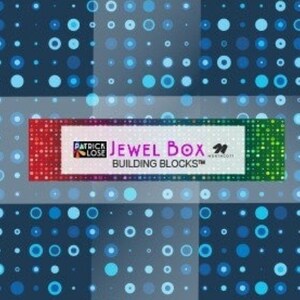 May include: A blue and white fabric with a repeating pattern of circles. The fabric is labeled "Jewel Box Building Blocks" by Patrick Lose.