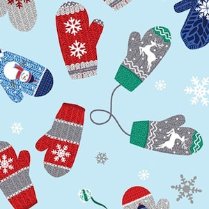 May include: A light blue background with a pattern of winter mittens and snowflakes. The mittens are red, gray, and blue, with snowflake and reindeer designs. Some mittens are connected by a gray string.
