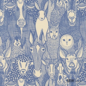 May include: A blue and white fabric featuring a repeating pattern of various farm animals. The design includes detailed illustrations of a rabbit, owl, sheep, horse, goat, and other animals. The animals are set against a light blue background.