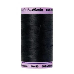 May include: A spool of black Mettler silk-finish thread. The spool has a purple top and bottom with white text that reads "Mettler SILK-FIN" and "No. 50 500m/547yd". The thread is tightly wound around the spool.