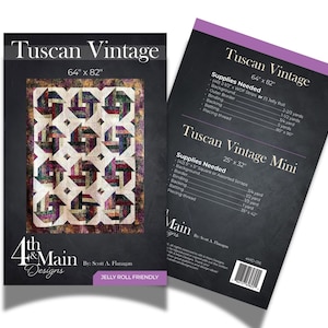 May include: A quilting pattern for a quilt called "Tuscan Vintage" by 4th & Main Designs. The pattern is for a quilt that is 64 inches by 82 inches and is jelly roll friendly. The pattern includes instructions for a mini version of the quilt that is 25 inches by 32 inches.