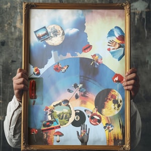 May include: A rectangular gold-toned ornate frame containing a surreal collage print. The artwork features a blue sky, a moon, a red telephone, a record player, an eight ball, flowers, lips, and hands arranged in a layered, dreamlike composition.