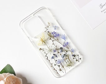 Blau lila gepresste Blume Handyhülle passend für iPhone 15 Pro Max 14 Pro, Samsung S24 Ultra S24 Ultra A34, Google Pixel 8 Pro 7A