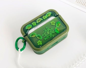 Green little flower pressed flower case for AirPods 4,AirPods Pro 2,cute shockproof case for AirPods 1 2 3 Pro,AirPods case,gift for her