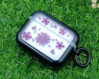 Bonita funda con flores prensadas moradas para AirPods 4, funda a prueba de golpes para AirPods Pro 2, funda para AirPods 1, 2 y 3 Pro, funda para AirPods, regalo para ella.